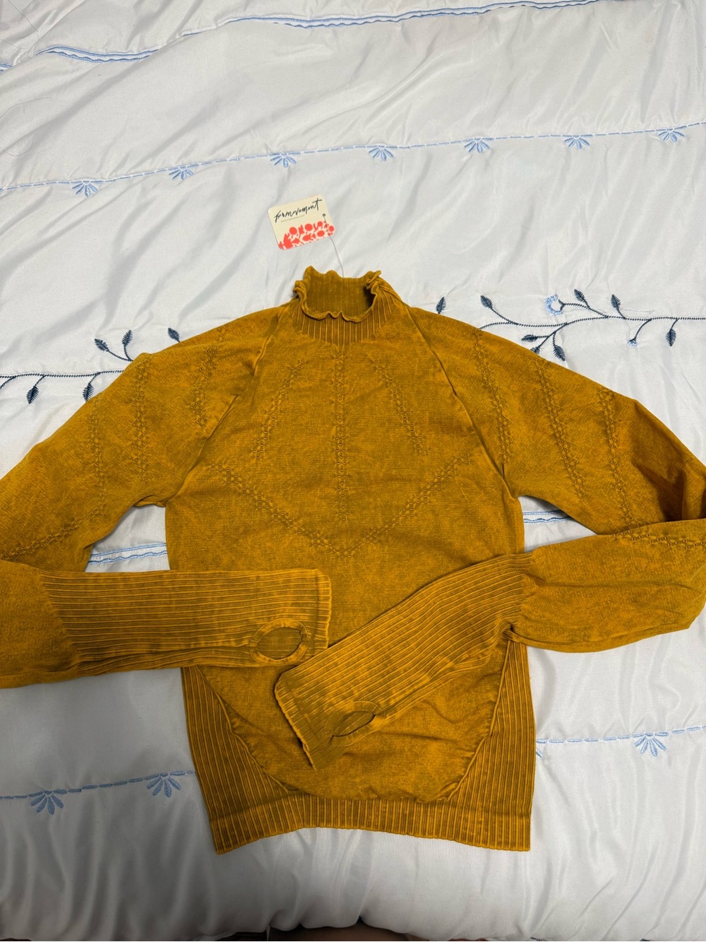 Free People Mustard Ribbed Mock-Neck Long Sleeve Top